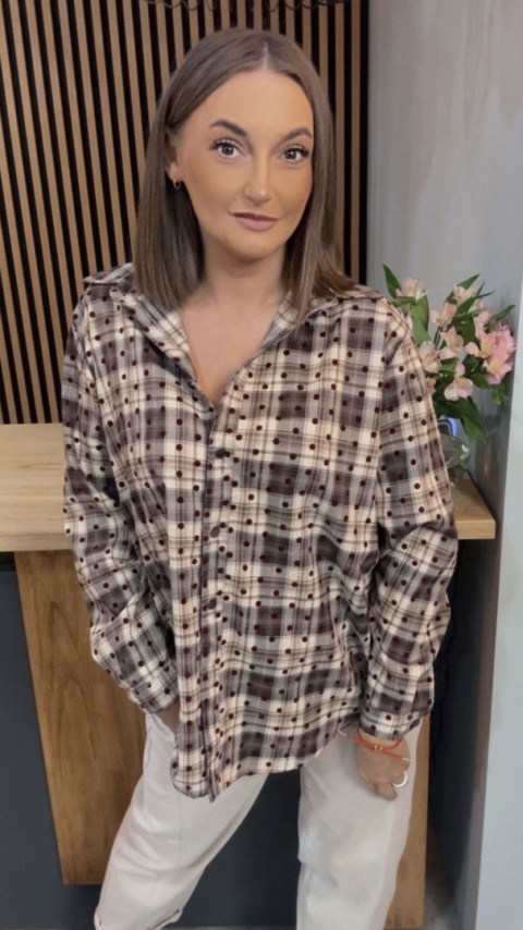 Koszula VICBEE - brązowo-beżowa krata w kropki