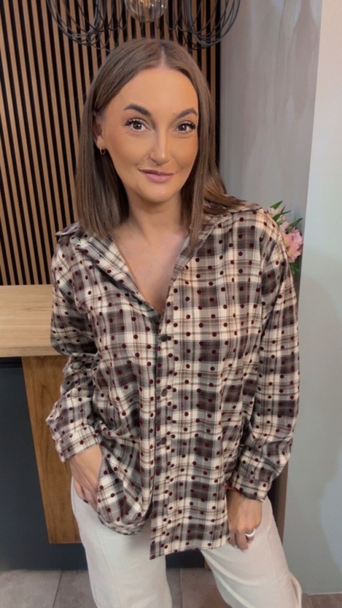 Koszula VICBEE - brązowo-beżowa krata w kropki