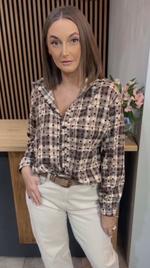 Koszula VICBEE - brązowo-beżowa krata w kropki