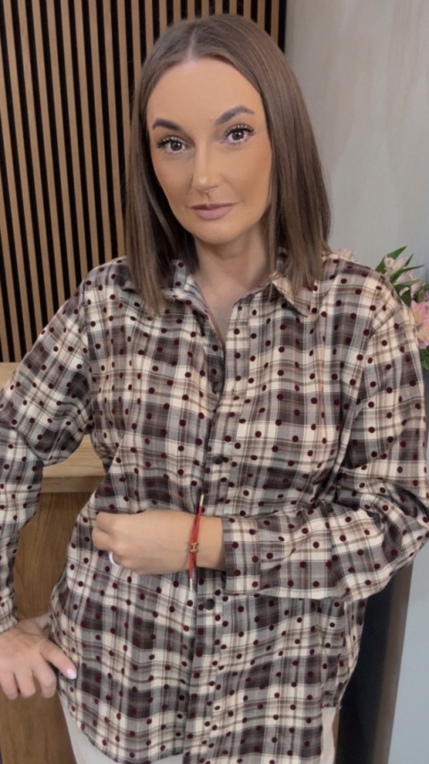 Koszula VICBEE - brązowo-beżowa krata w kropki