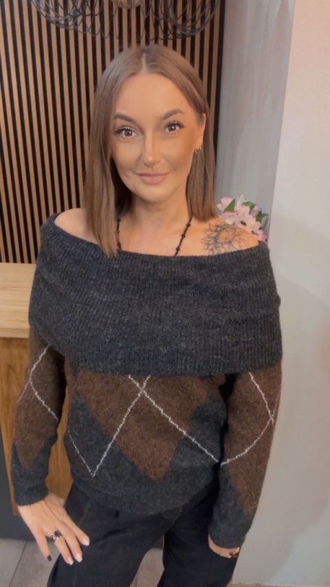 Sweter VICBEE – Argyle z szerokim kołnierzem - Grey