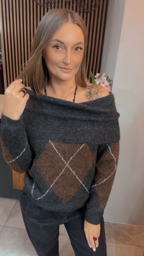 Sweter VICBEE – Argyle z szerokim kołnierzem - Grey