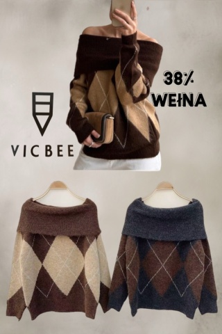 Sweter VICBEE - Argyle z szerokim kołnierzem - Coffee