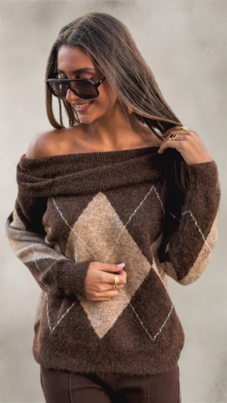 Sweter VICBEE - Argyle z szerokim kołnierzem - Coffee