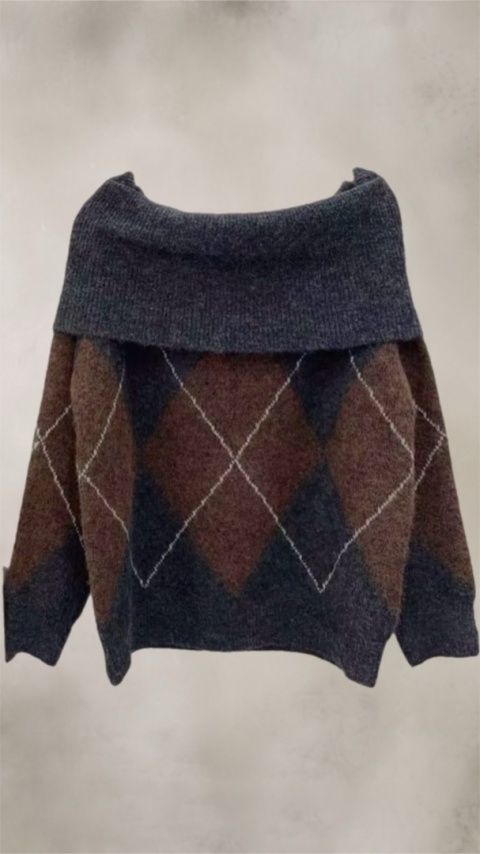 Sweter VICBEE - Argyle z szerokim kołnierzem - Grey