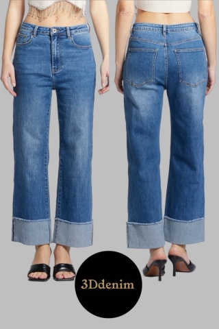 Jeansy 3Ddenim - 3D 1527 - szeroka nogawka & modny podwijany dół