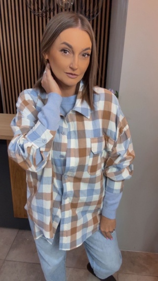 Koszula oversize w beżowo-błękitną kratę - 100% bawełna