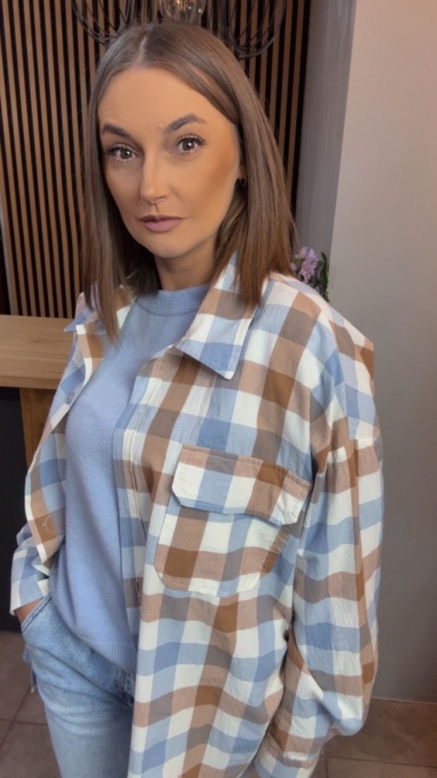 Koszula oversize w beżowo-błękitną kratę - 100% bawełna