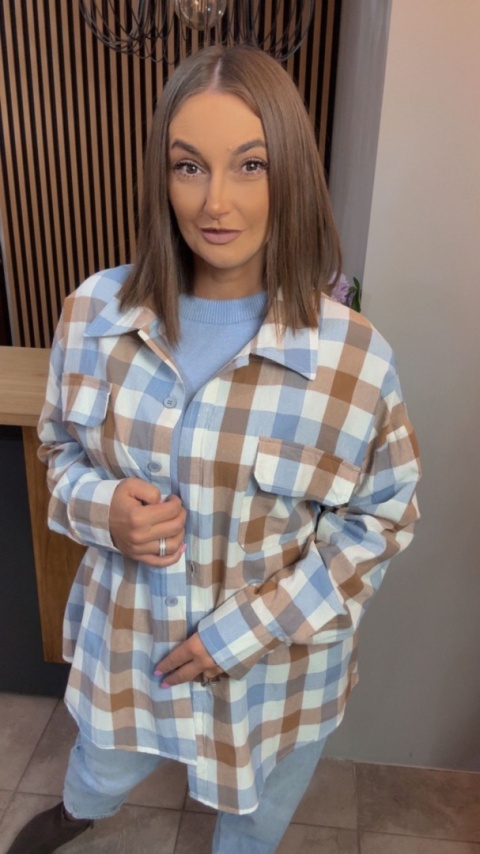 Koszula oversize w beżowo-błękitną kratę - 100% bawełna
