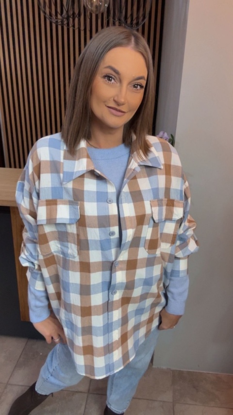 Koszula oversize w beżowo-błękitną kratę - 100% bawełna