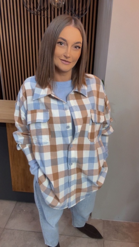Koszula oversize w beżowo-błękitną kratę - 100% bawełna