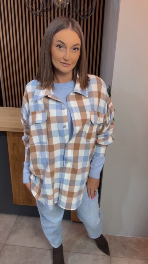 Koszula oversize w beżowo-błękitną kratę - 100% bawełna