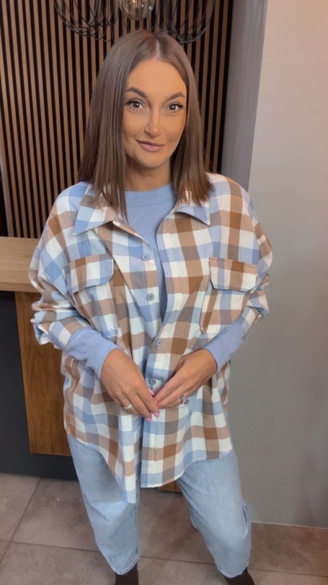Koszula oversize w beżowo-błękitną kratę - 100% bawełna