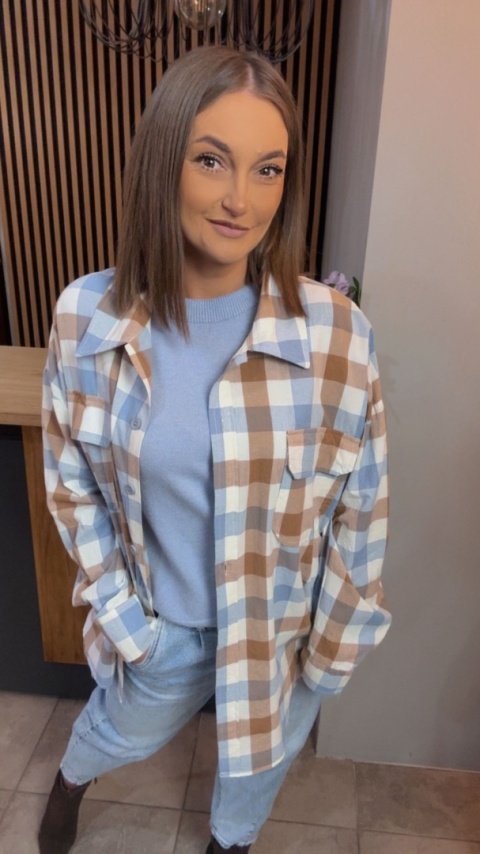 Koszula oversize w beżowo-błękitną kratę - 100% bawełna