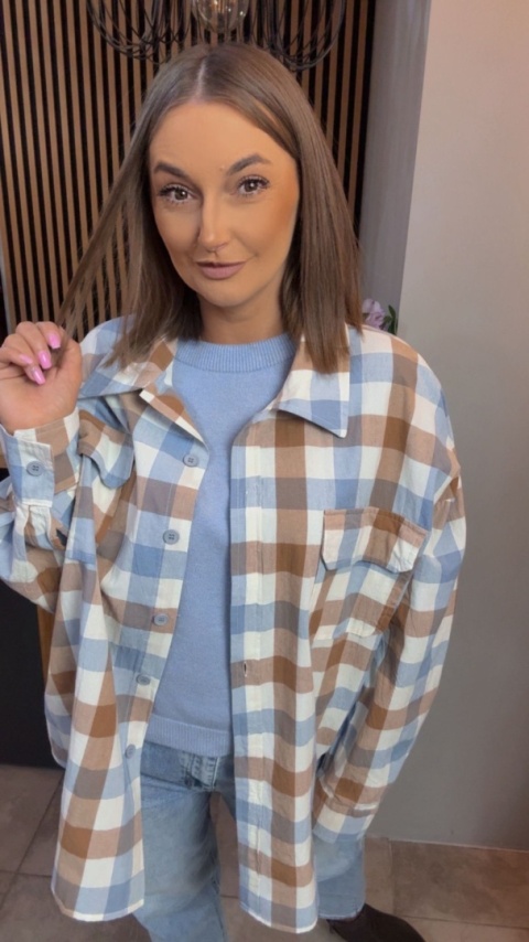 Koszula oversize w beżowo-błękitną kratę - 100% bawełna