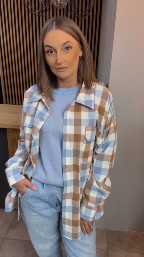 Koszula oversize w beżowo-błękitną kratę - 100% bawełna