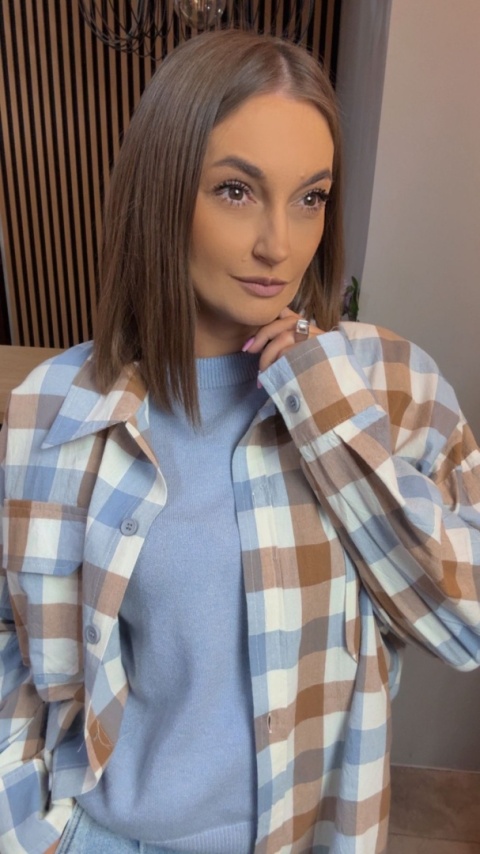 Koszula oversize w beżowo-błękitną kratę - 100% bawełna