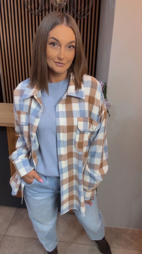 Koszula oversize w beżowo-błękitną kratę - 100% bawełna