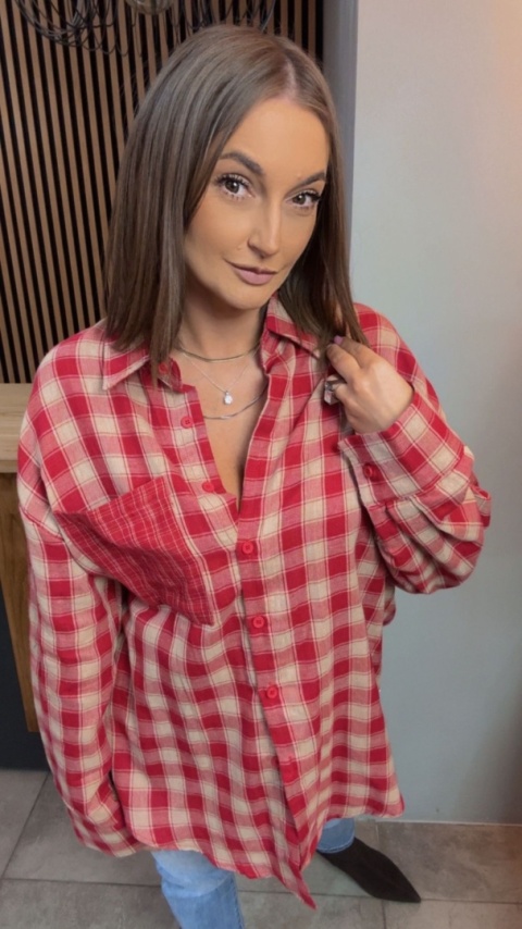 Koszula oversize w czerwono-beżową kratę - 100% bawełna