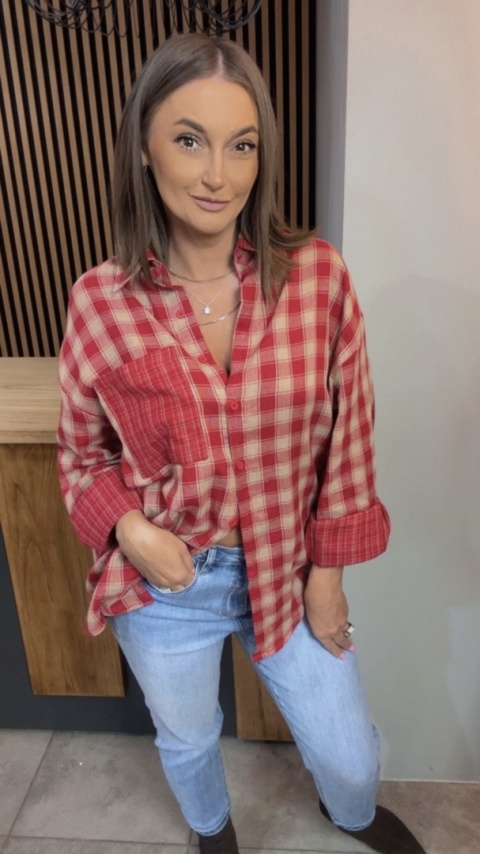 Koszula oversize w czerwono-beżową kratę - 100% bawełna