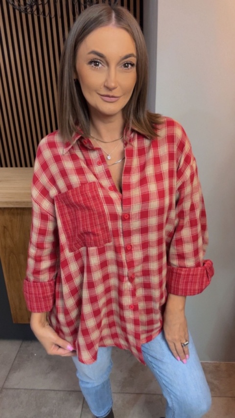 Koszula oversize w czerwono-beżową kratę - 100% bawełna