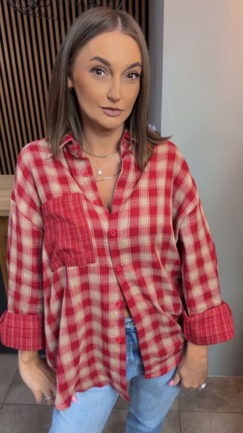 Koszula oversize w czerwono-beżową kratę - 100% bawełna