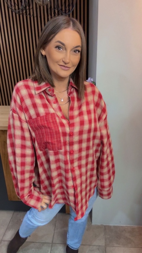 Koszula oversize w czerwono-beżową kratę - 100% bawełna