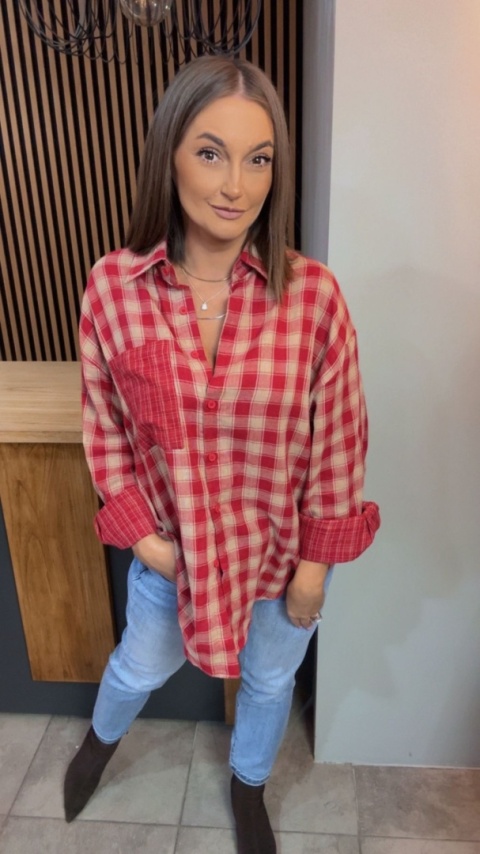 Koszula oversize w czerwono-beżową kratę - 100% bawełna