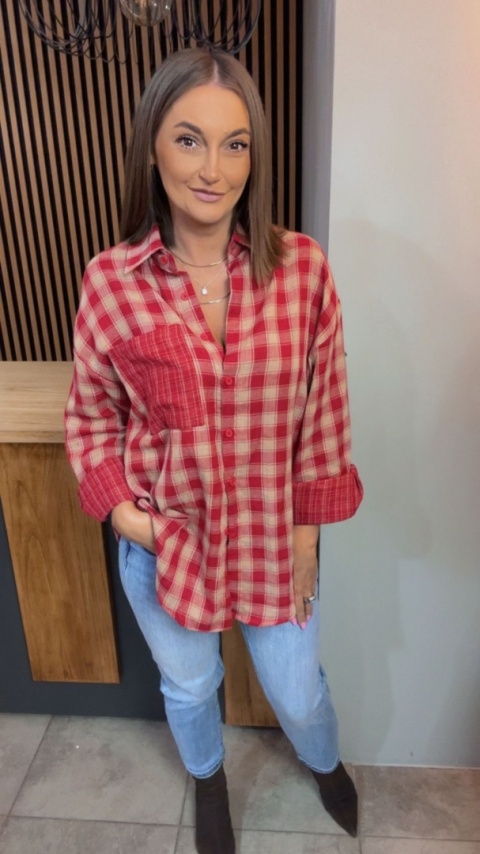 Koszula oversize w czerwono-beżową kratę - 100% bawełna
