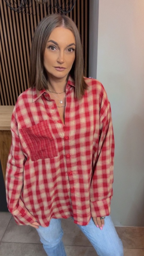 Koszula oversize w czerwono-beżową kratę - 100% bawełna