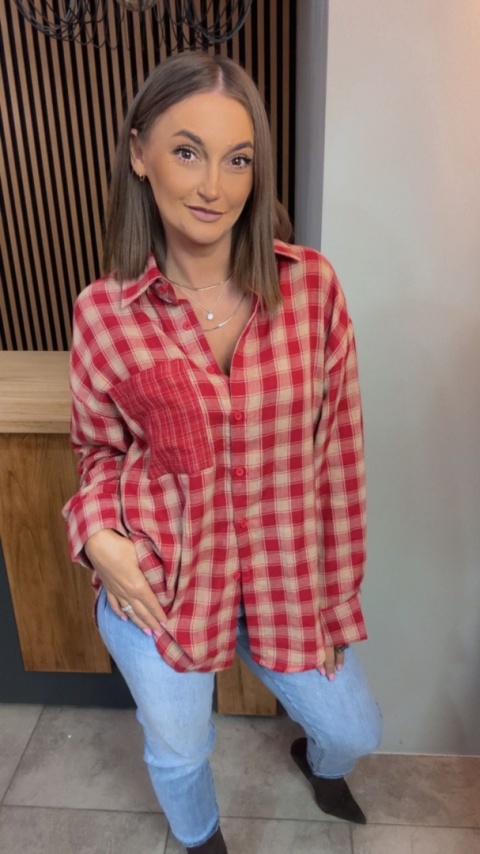 Koszula oversize w czerwono-beżową kratę - 100% bawełna