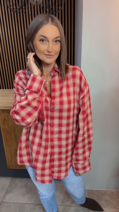 Koszula oversize w czerwono-beżową kratę - 100% bawełna