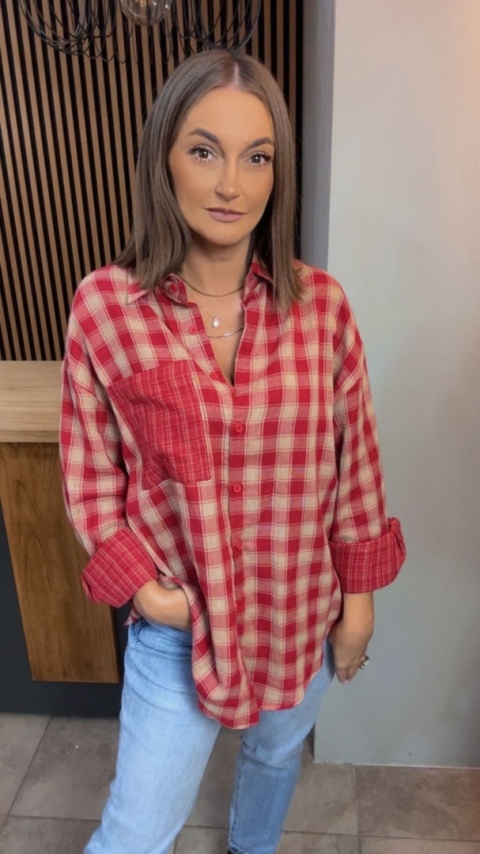 Koszula oversize w czerwono-beżową kratę - 100% bawełna