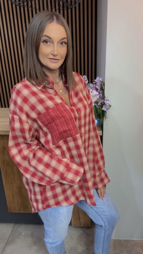 Koszula oversize w czerwono-beżową kratę - 100% bawełna