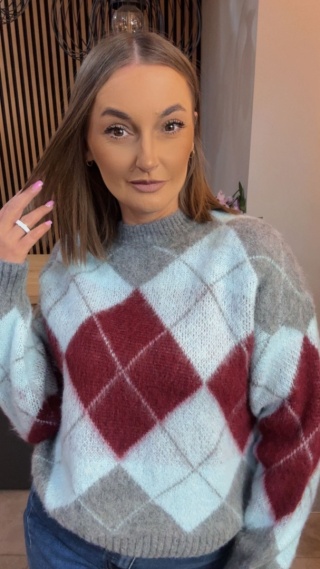 Sweter Argyle MISS LUCKY – Szary–bordo–błękit
