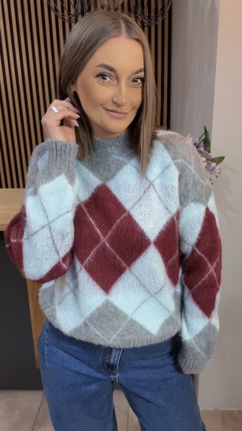 Sweter Argyle MISS LUCKY – Szary–bordo–błękit