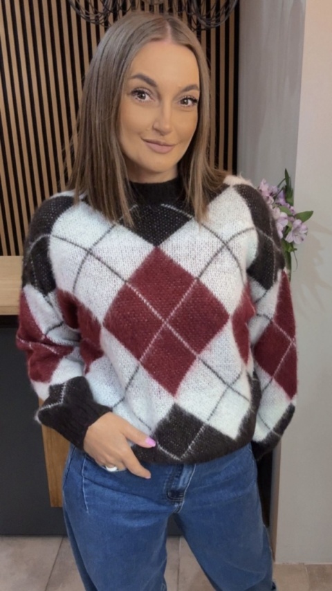 Sweter Argyle MISS LUCKY – Biały–czarny–bordo