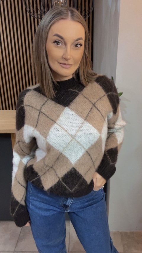 Sweter Argyle MISS LUCKY – Beż–brąz–biały