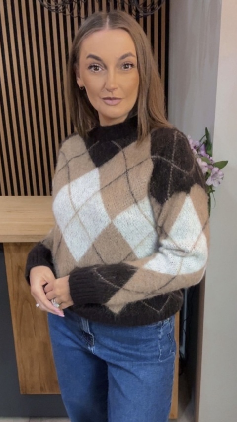 Sweter Argyle MISS LUCKY – Beż–brąz–biały