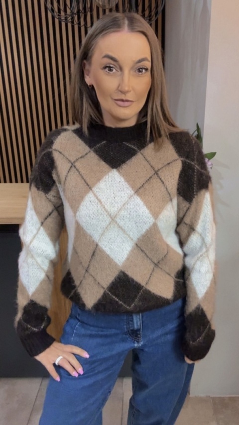 Sweter Argyle MISS LUCKY – Beż–brąz–biały
