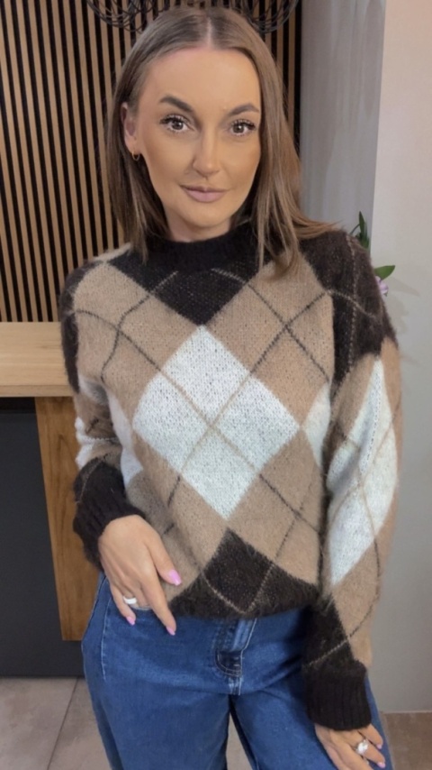 Sweter Argyle MISS LUCKY – Beż–brąz–biały