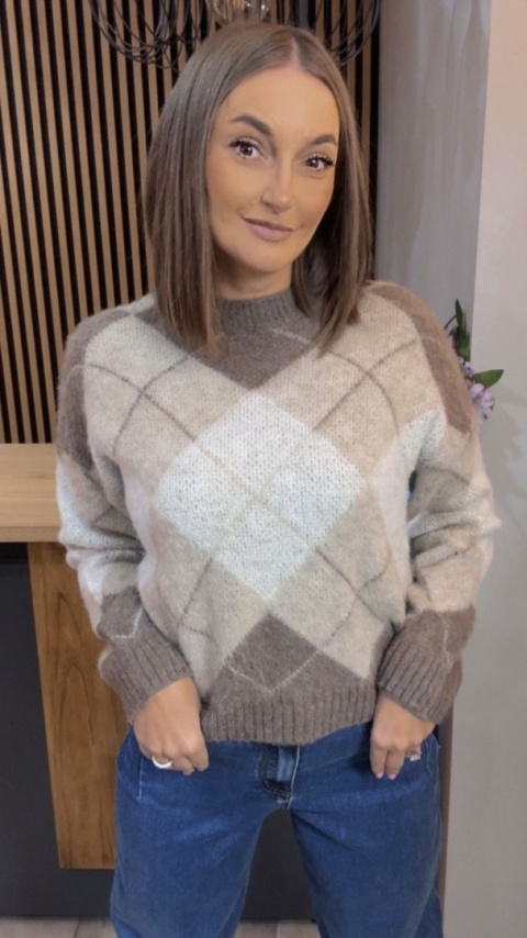 Sweter Argyle MISS LUCKY – Beżowy mix – kość słoniowa, cappuccino i taupe