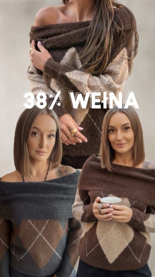 Sweter VICBEE - Argyle z szerokim kołnierzem - Coffee