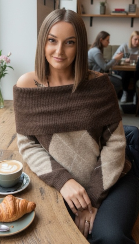 Sweter VICBEE - Argyle z szerokim kołnierzem - Coffee