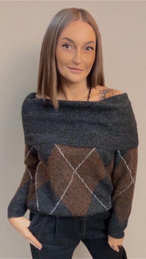 Sweter VICBEE - Argyle z szerokim kołnierzem - Grey