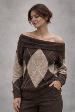 Sweter VICBEE - Argyle z szerokim kołnierzem - Coffee