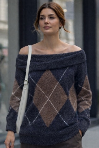 Sweter VICBEE - Argyle z szerokim kołnierzem - Grey