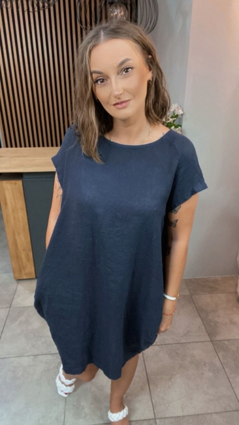 Sukienka Wendy Trendy 100% Len z Regulacją Granatowa Sukienka Wendy Trendy 100% Len z Regulacją Granatowa