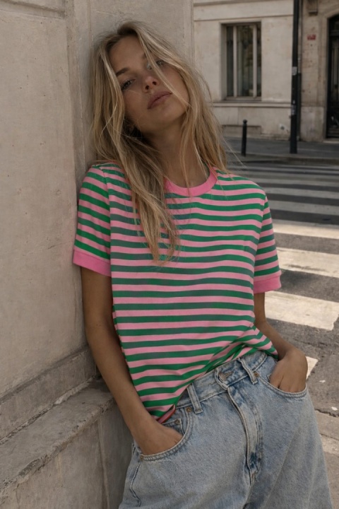 T-shirt Bopoco w paski – Różowo-zielone