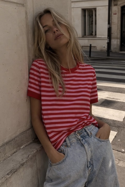 T-shirt Bopoco w paski - Czerwono-różowe